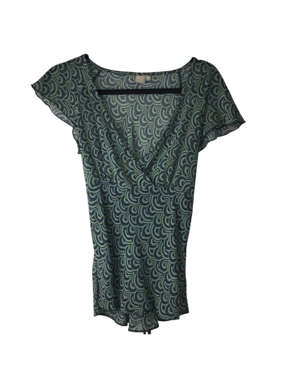 TU Womens V-Neck Top Green Navy Size 10 Polyester Swirl Print Lightweight